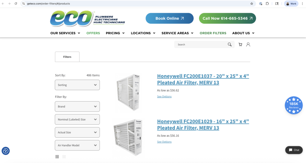 Desktop screenshot of the "Order Filters" page on the Eco Plumbers, Electricians, and HVAC Technicians website. The page features a white header with the "eco" logo and navigation links for Services, Pricing, and Locations. A prominent blue "Book Online" button and a green "Call Now" button with the phone number 614-665-5346 are at the top right. Below the navigation, the main content area shows an e-commerce interface for air filters: Sidebar: Contains a "Sort By" dropdown and "Filter By" categories including Brand, Nominal Size, Actual Size, and Air Handler Model. Product Listings: Two Honeywell pleated air filters are displayed with images, titles, and pricing. The first is a 20" x 25" x 4" MERV 13 filter priced at $56.62. The second is a 16" x 25" x 4" MERV 13 filter priced at $56.16. Widgets: A blue "185K Reviews" badge is on the right, and a dark "Chat" button is in the bottom right corner.