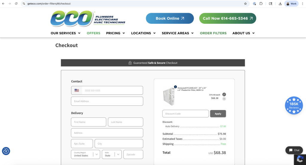 Desktop screenshot of the Checkout page on the Eco Plumbers, Electricians, and HVAC Technicians website. The page displays a "Guaranteed Safe & Secure Checkout" banner and is divided into two main sections: Left Column (Contact & Delivery): Contains form fields for a phone number (with a US flag icon), email address, first and last name, street address, apartment/suite, city, state, and zip code. Right Column (Order Summary): * Shows a thumbnail of the Honeywell FC200E1037 - 20" x 25" x 4" Pleated Air Filter. Lists the unit price as $68.38 (discounted from $75.98). Includes a "Discount Code" field and "Apply" button. Price Breakdown: Subtotal of $75.98, an "Auto Delivery" discount of -$7.60, estimated taxes of $0.00, and "Free" shipping. Total: The final total is displayed as $68.38 USD. The header includes the "eco" logo and contact buttons, and the "185K Reviews" badge and "Chat" button are visible on the right side of the screen.
