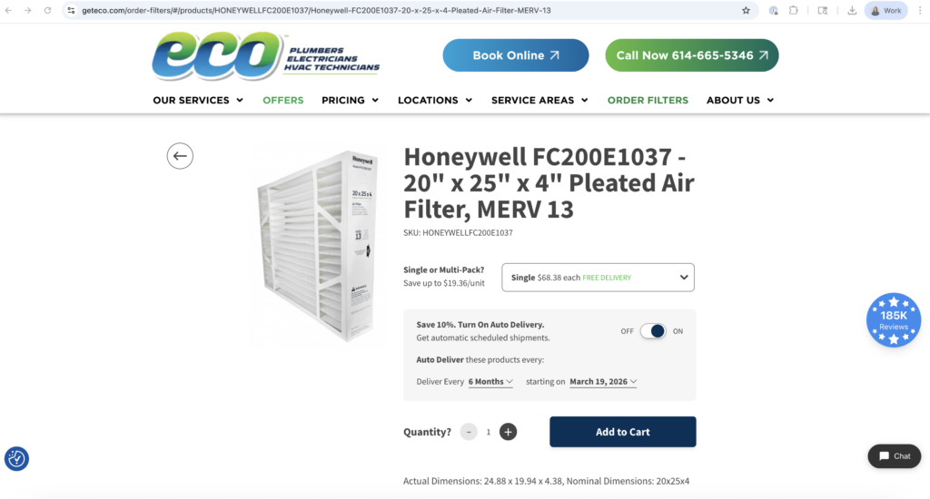 Desktop screenshot of the product detail page for a Honeywell HVAC air filter on the Eco Plumbers, Electricians, and HVAC Technicians website. The page displays the following details for a Honeywell FC200E1037 - 20" x 25" x 4" Pleated Air Filter, MERV 13: Product Image: A large image of the white pleated filter is positioned on the left. Pricing & Quantity: A dropdown menu shows the price for a "Single" filter at $68.38 with a note for "FREE DELIVERY." Auto Delivery Feature: A highlighted box offers a 10% savings for turning on "Auto Delivery." It includes toggle switches and dropdowns to set a delivery schedule (e.g., every 6 months starting March 19, 2026). Purchase Controls: A quantity selector is set to "1" next to a dark blue "Add to Cart" button. Specifications: Fine print at the bottom lists the actual dimensions as 24.88 x 19.94 x 4.38 and nominal dimensions as 20x25x4. Site Elements: The header remains consistent with previous pages, featuring the "eco" logo, "Book Online" and "Call Now" buttons, and the main navigation menu.