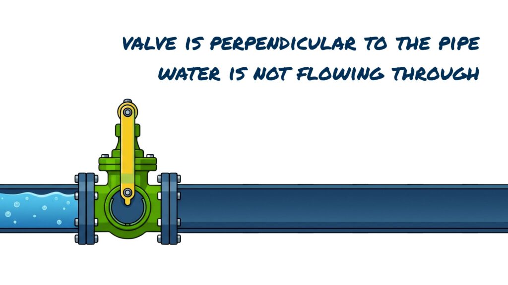 An instructional illustration showing a water pipe valve in the closed position. The Visual: A green valve is connected to a dark blue pipe. The yellow handle is positioned perpendicular (pointing straight up) relative to the pipe. Inside the valve, a solid blue circular gate is visible, completely blocking the path. To the left of the valve, the pipe contains bubbly blue water, while the pipe to the right is empty (solid dark blue), indicating the flow has been stopped. The Text: Bold blue text in the upper right reads: "VALVE IS PERPENDICULAR TO THE PIPE" and "WATER IS NOT FLOWING THROUGH". The image serves as a visual confirmation of the "off" state for a standard quarter-turn valve.