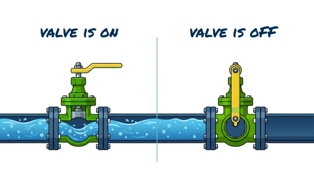 An educational illustration comparing two states of a water pipe valve, divided by a light blue vertical line. Left side ("VALVE IS ON"): Shows a green valve assembly with a yellow handle positioned parallel to the blue pipe. Below the handle, the internal view of the valve shows it is open, allowing blue water with bubbles to flow freely through the pipe. Right side ("VALVE IS OFF"): Shows the same green valve, but the yellow handle is turned perpendicular (vertical) to the pipe. The internal view shows a solid blue circular gate blocking the pipe, stopping the water flow completely. The background is plain white, and the text above each section is written in a bold, dark blue, stylized font.