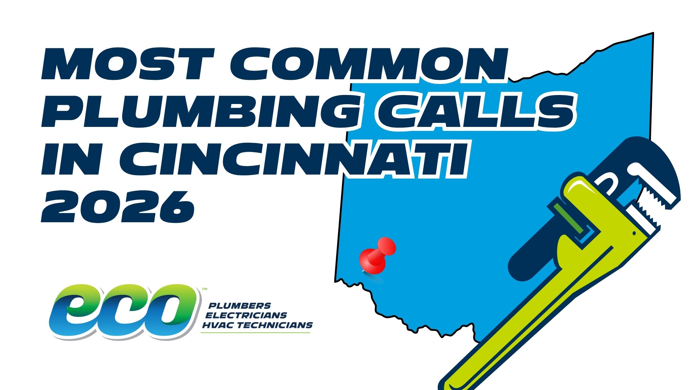 Graphic titled "MOST COMMON PLUMBING CALLS IN CINCINNATI 2026" in large, dark blue letters. To the right is a blue silhouette map of the state of Ohio with a red location pin marking Cincinnati, alongside an illustration of a green and blue pipe wrench. In the bottom left corner is the logo for "eco Plumbers, Electricians, HVAC Technicians".