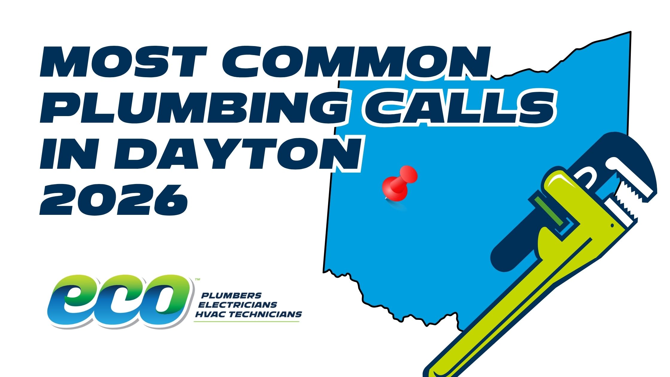 Graphic titled "MOST COMMON PLUMBING CALLS IN DAYTON 2026" in large, dark blue letters. To the right is a blue silhouette map of the state of Ohio with a red location pin marking Dayton, alongside an illustration of a green and blue pipe wrench. In the bottom left corner is the logo for "eco Plumbers, Electricians, HVAC Technicians".