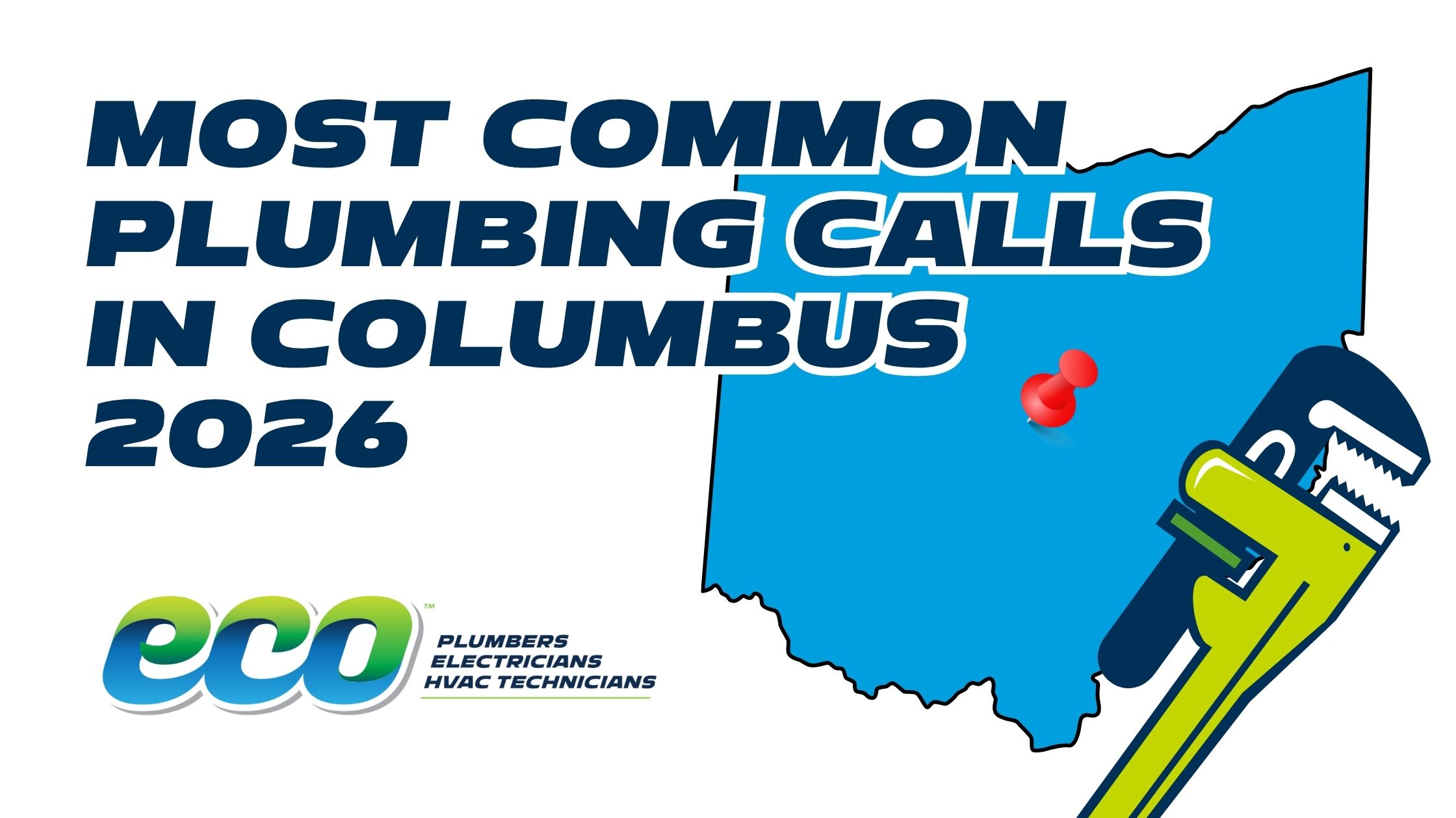 Graphic titled "MOST COMMON PLUMBING CALLS IN COLUMBUS 2026" in large, dark blue letters. To the right is a blue silhouette map of the state of Ohio with a red location pin marking Columbus, alongside an illustration of a green and blue pipe wrench. In the bottom left corner is the logo for "eco Plumbers, Electricians, HVAC Technicians".